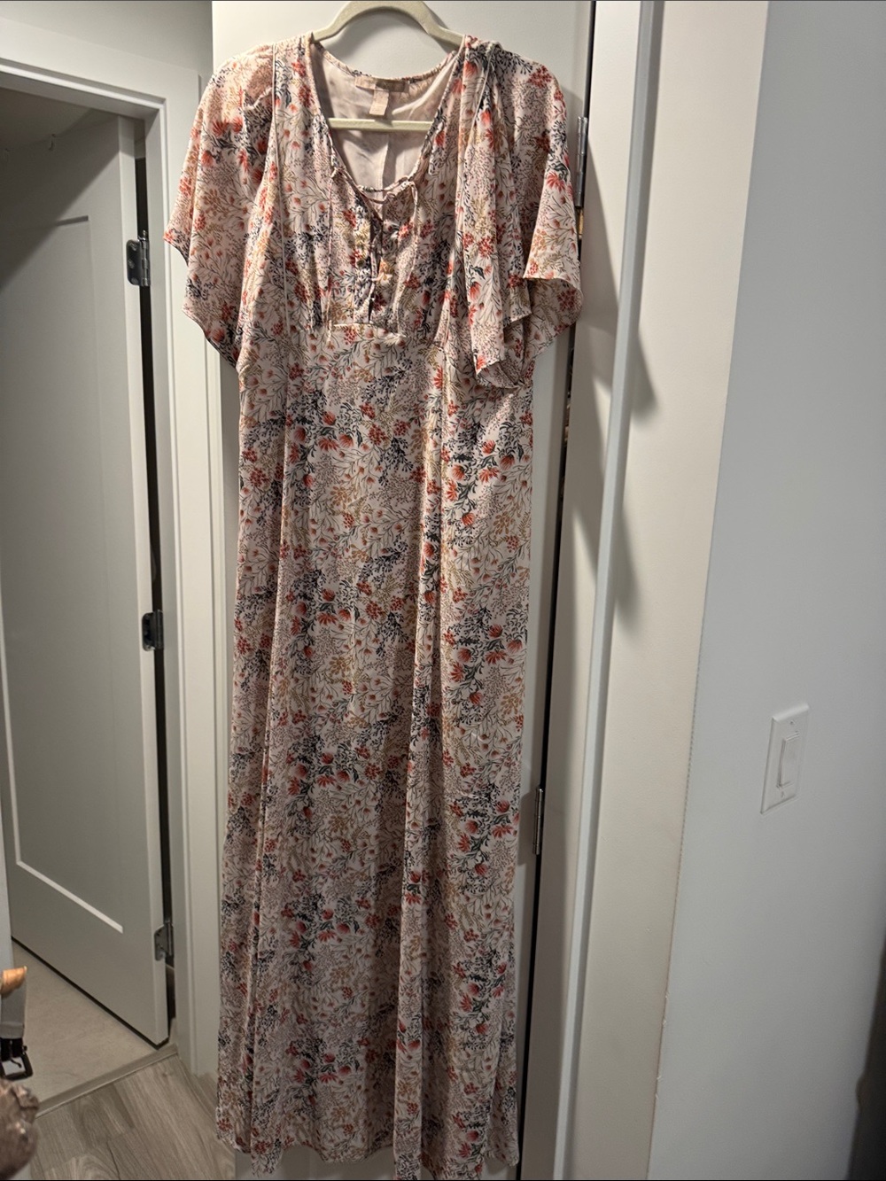 Forever 21 Cream Maxi Dress with Coral and Navy Floral Print